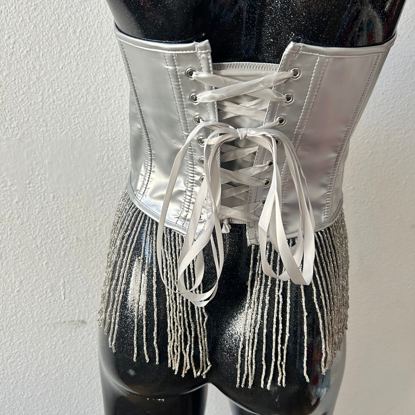 Custom Sabrina Carpenter Silver fringe corset top with heart detail