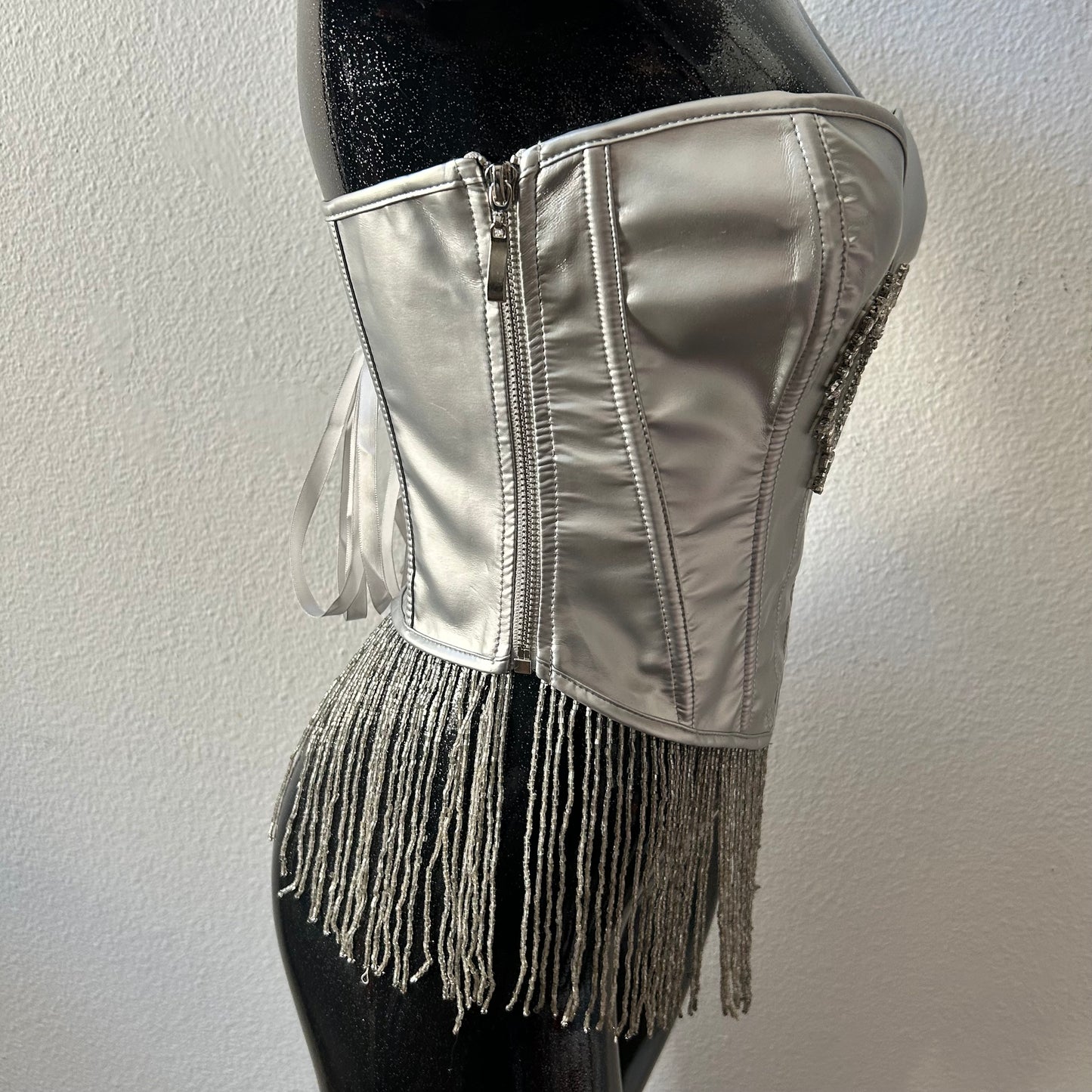 Custom Sabrina Carpenter Silver fringe corset top with heart detail