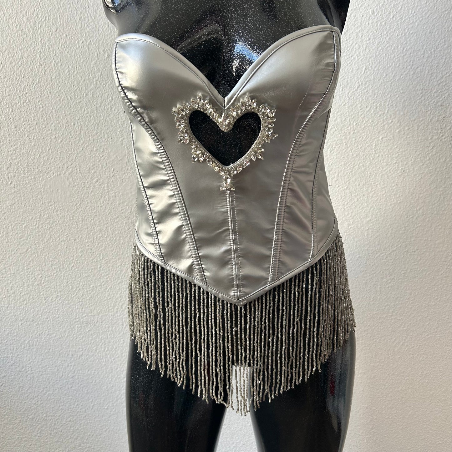 Custom Sabrina Carpenter Silver fringe corset top with heart detail