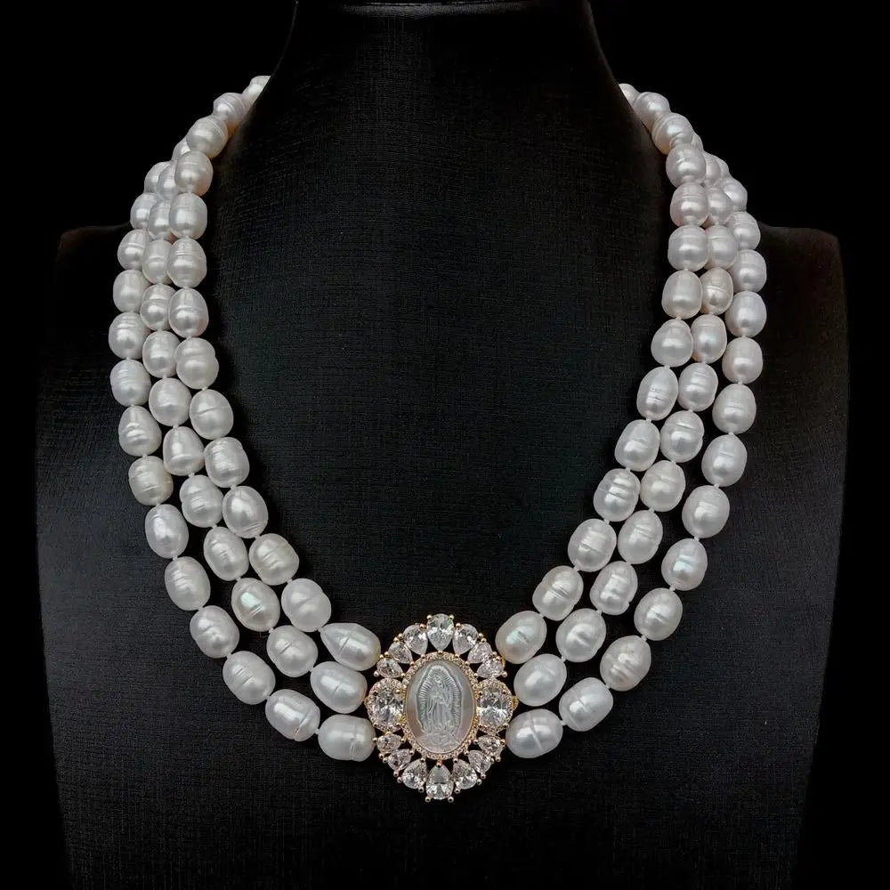 Virgin Mary Rice Pearl Necklace