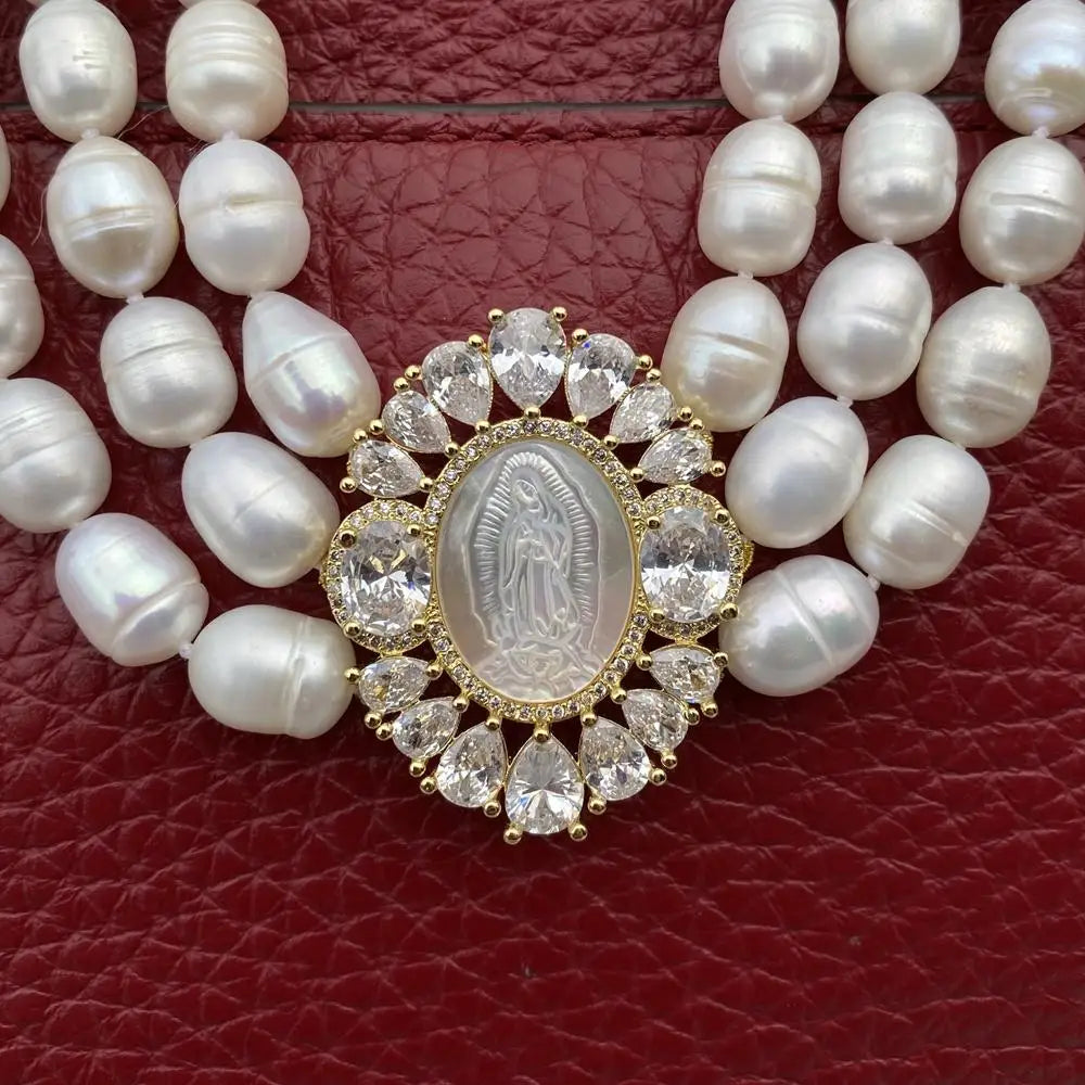 Virgin Mary Rice Pearl Necklace