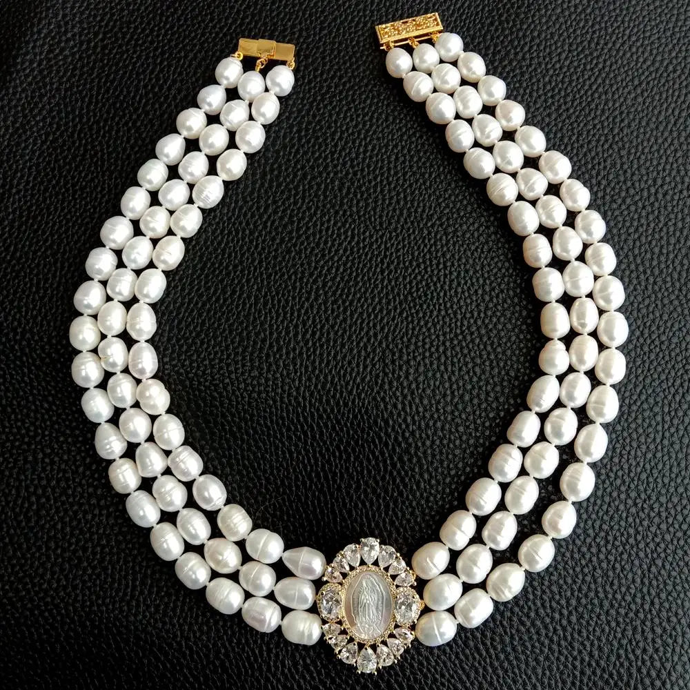 Virgin Mary Rice Pearl Necklace