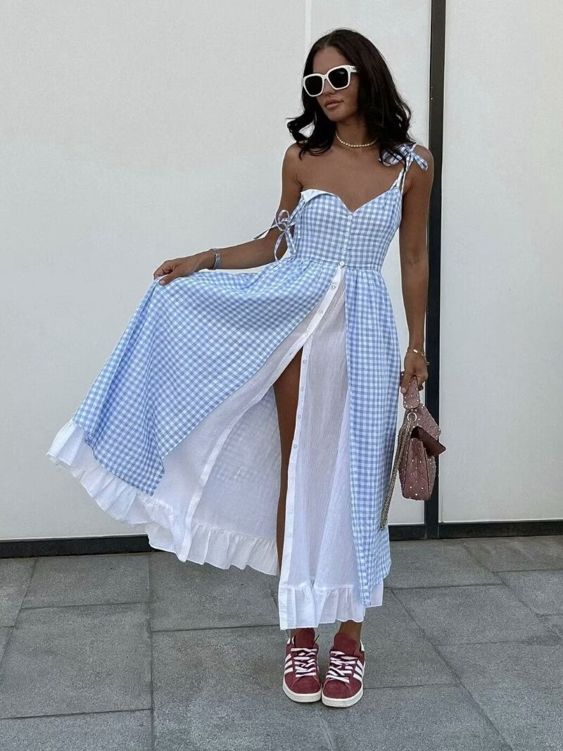 Blue Gingham Slit Dress