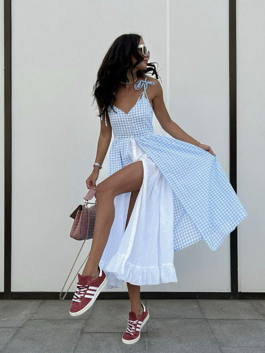 Blue Gingham Slit Dress