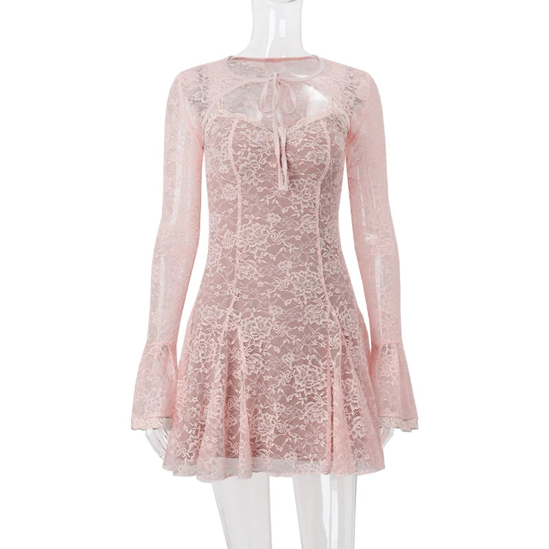 Pink Lace Flare Long Sleeve Mini Dress