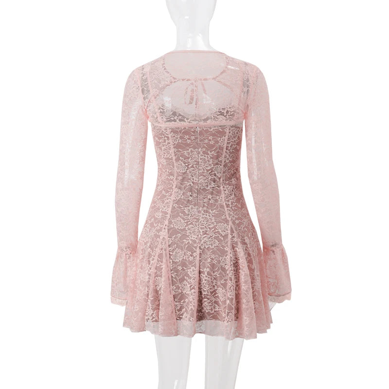 Pink Lace Flare Long Sleeve Mini Dress