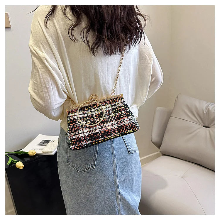 Plaid Tweed Sequins Clutch Purse