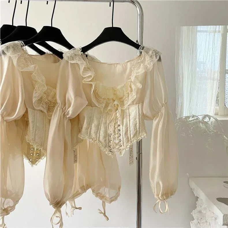 Lace Satin Long Puff Sleeve Blouse