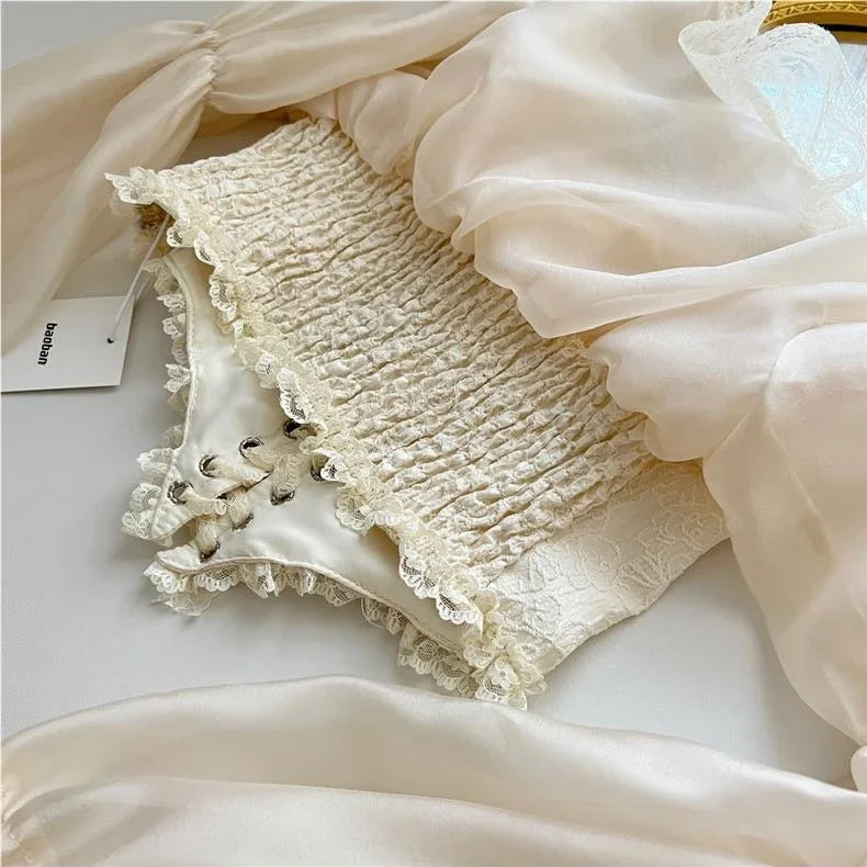 Lace Satin Long Puff Sleeve Blouse