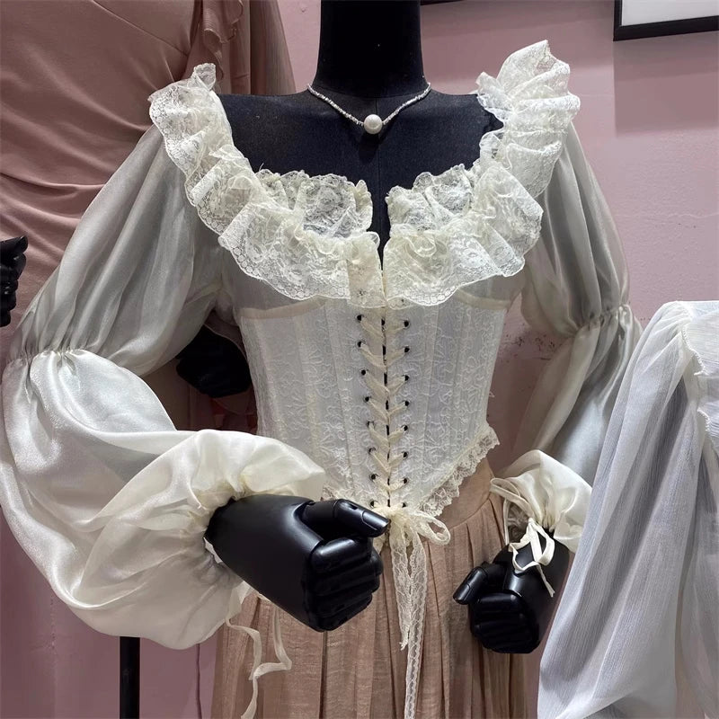 Lace Satin Long Puff Sleeve Blouse