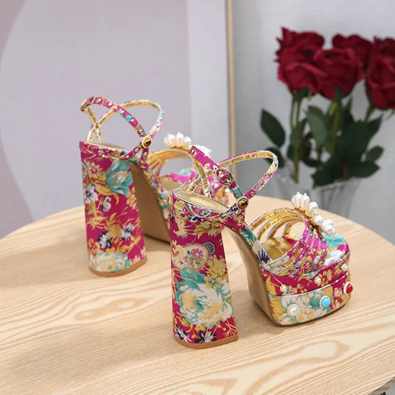 Pearl Rhinestone Floral Platform Heels