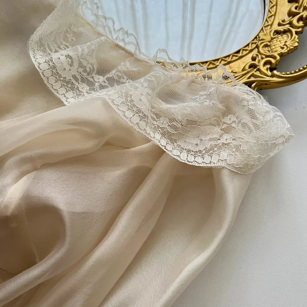 Lace Satin Long Puff Sleeve Blouse