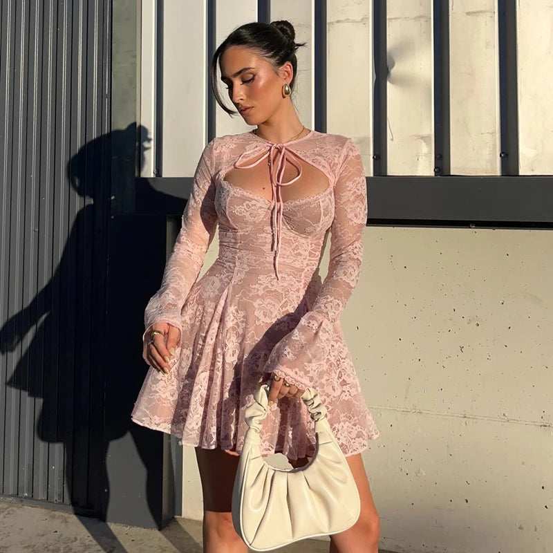 Pink Lace Flare Long Sleeve Mini Dress