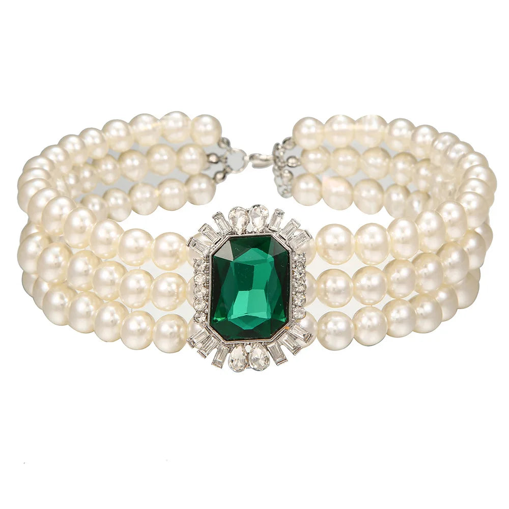 Green Crystal Choker Pearl Necklace