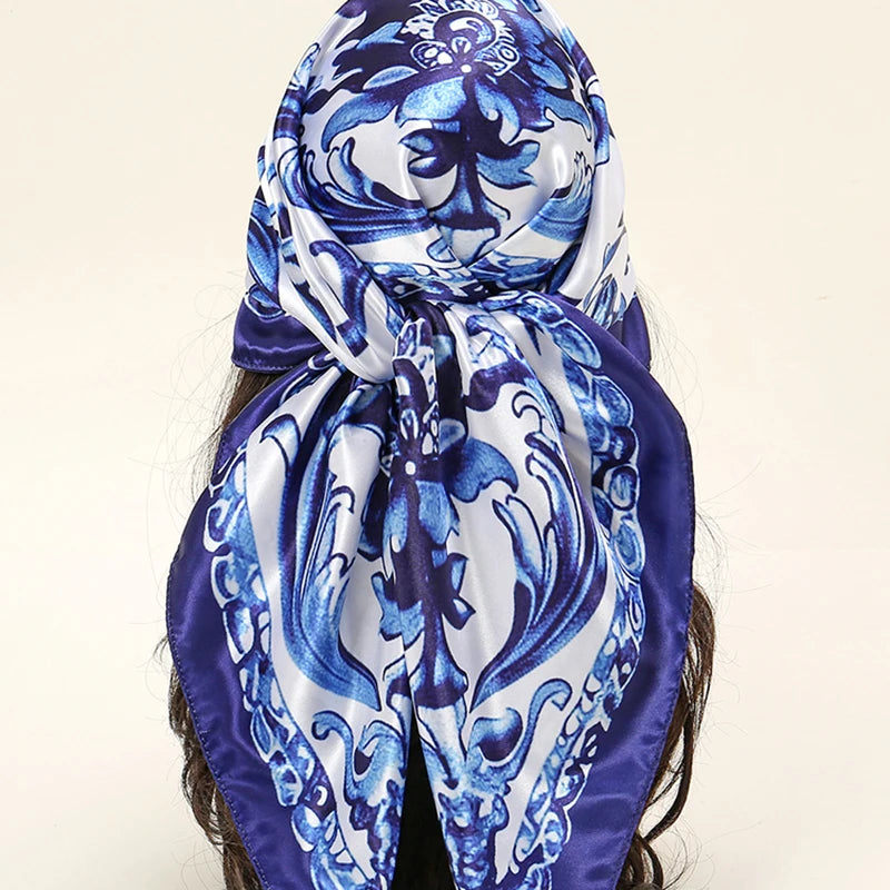 Blue And White Porcelain Satin Scarf