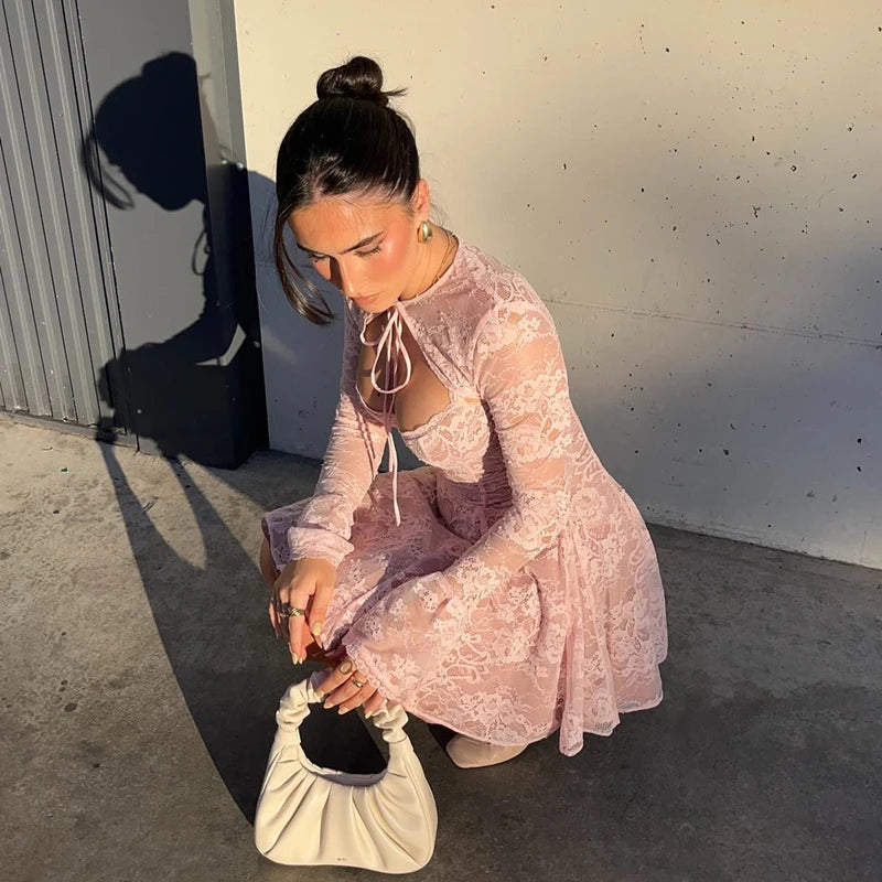 Pink Lace Flare Long Sleeve Mini Dress