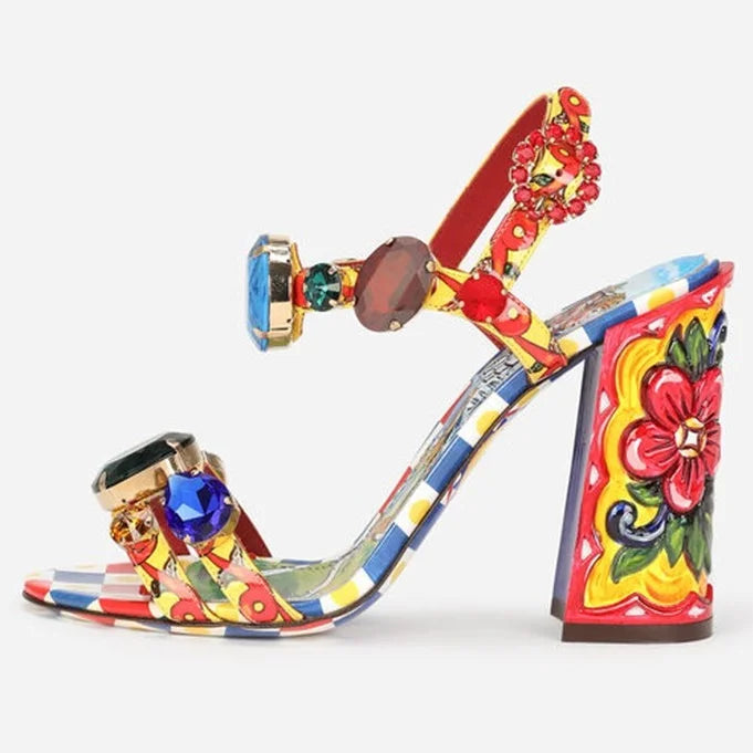 Floral Painting Heel Gem Sandals
