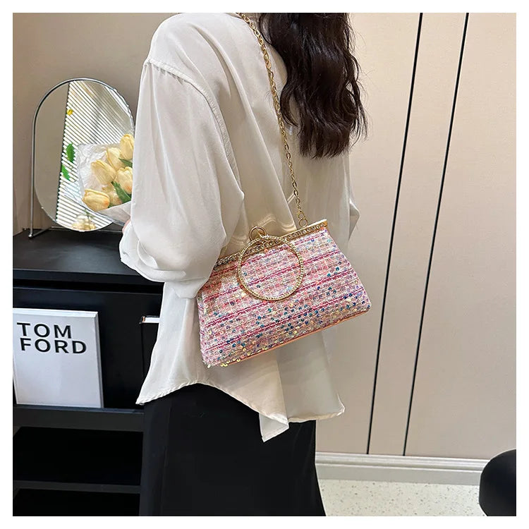 Plaid Tweed Sequins Clutch Purse