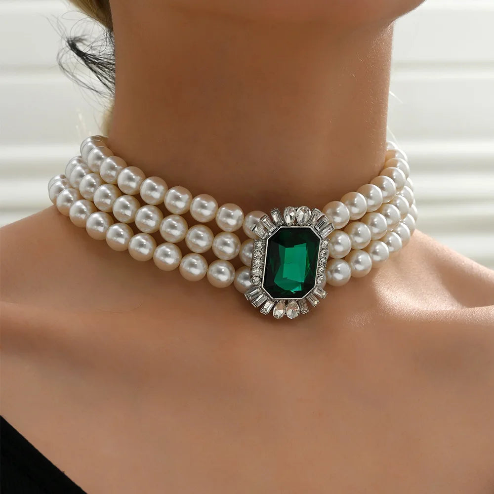Green Crystal Choker Pearl Necklace