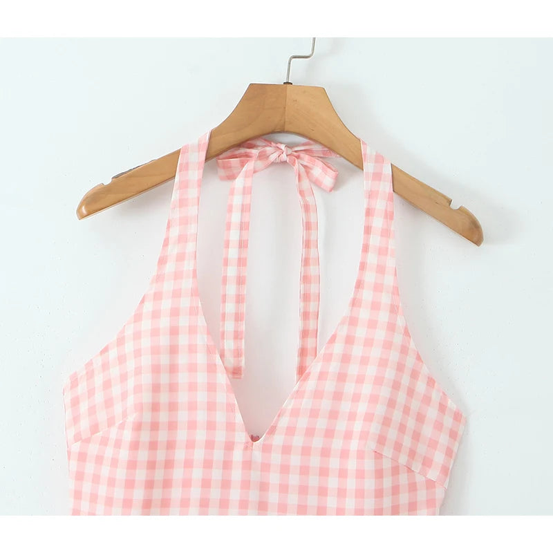 Pink Gingham Maxi Halter Dress