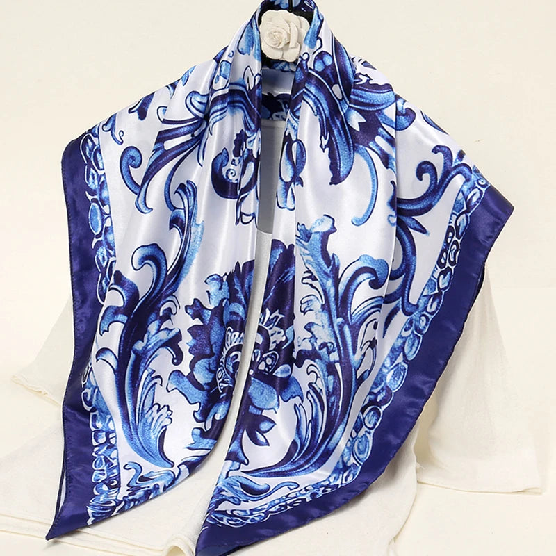 Blue And White Porcelain Satin Scarf