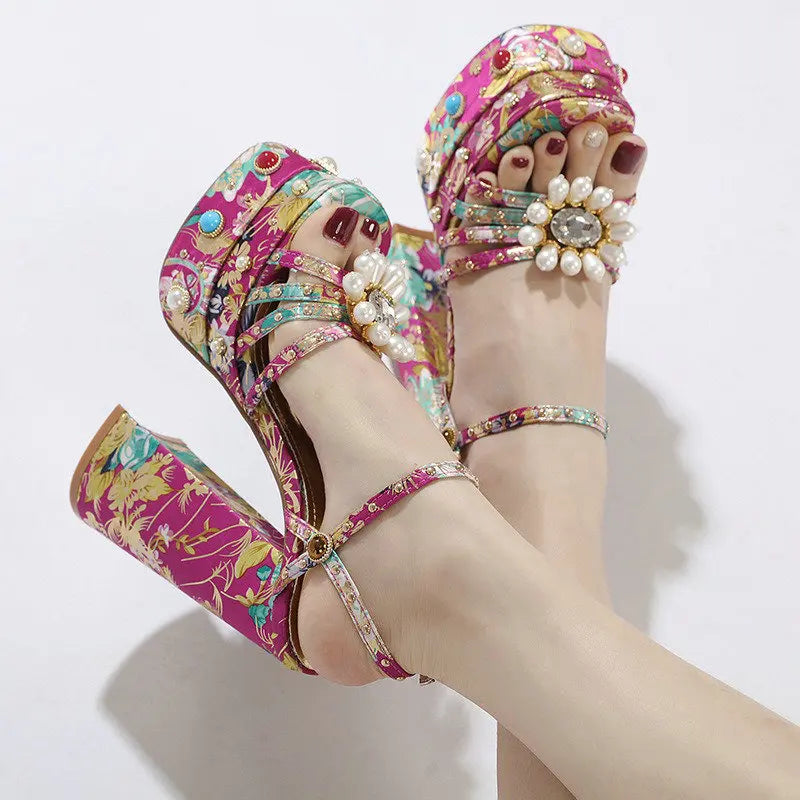 Pearl Rhinestone Floral Platform Heels