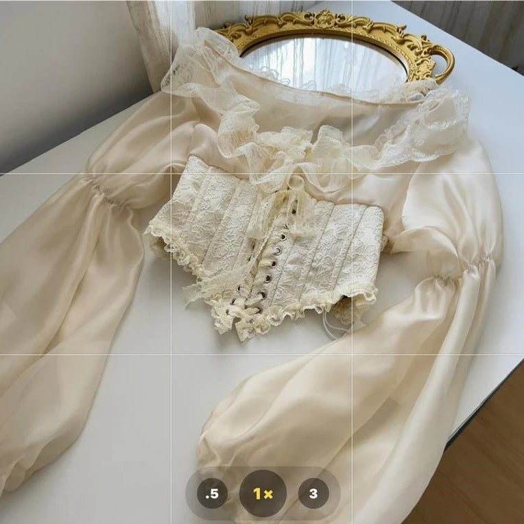 Lace Satin Long Puff Sleeve Blouse