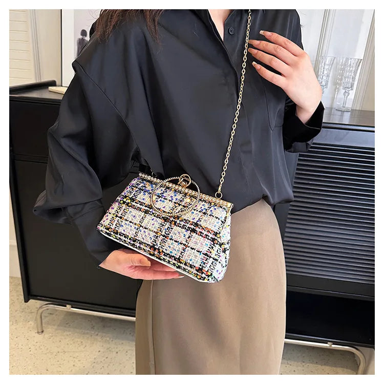 Plaid Tweed Sequins Clutch Purse