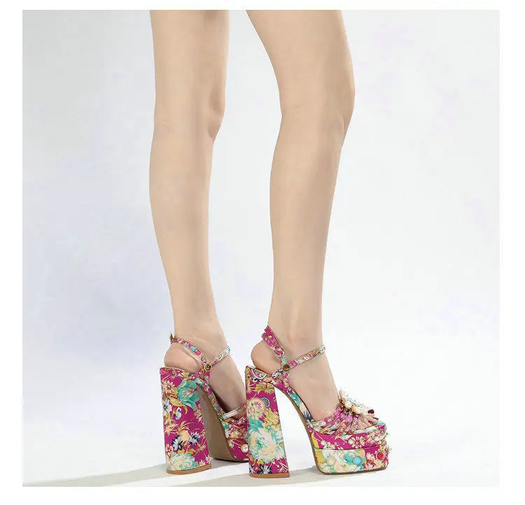 Pearl Rhinestone Floral Platform Heels