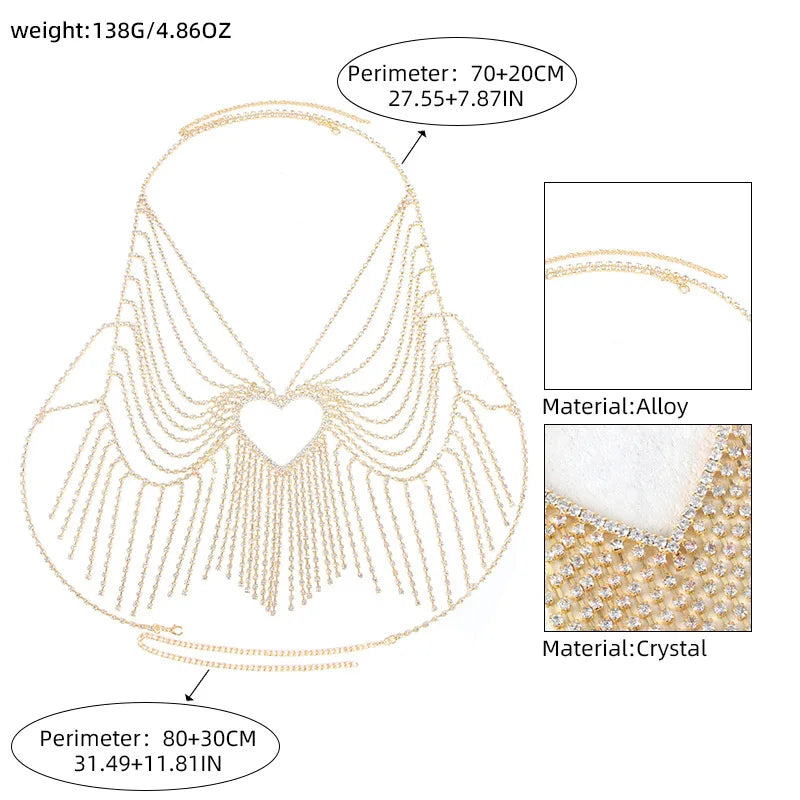 Heart Fringe Rhinestone Body Chain