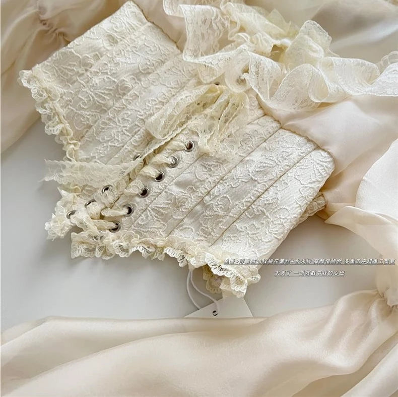 Lace Satin Long Puff Sleeve Blouse