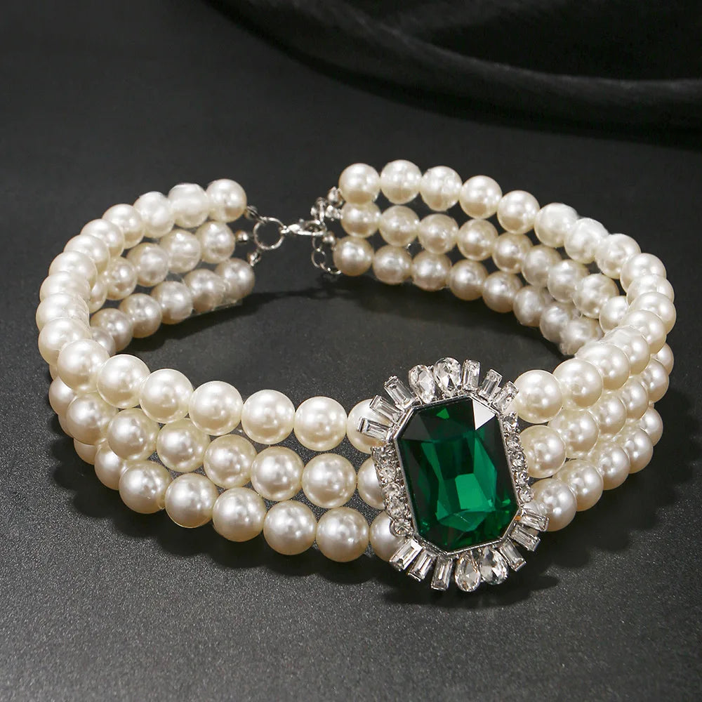 Green Crystal Choker Pearl Necklace