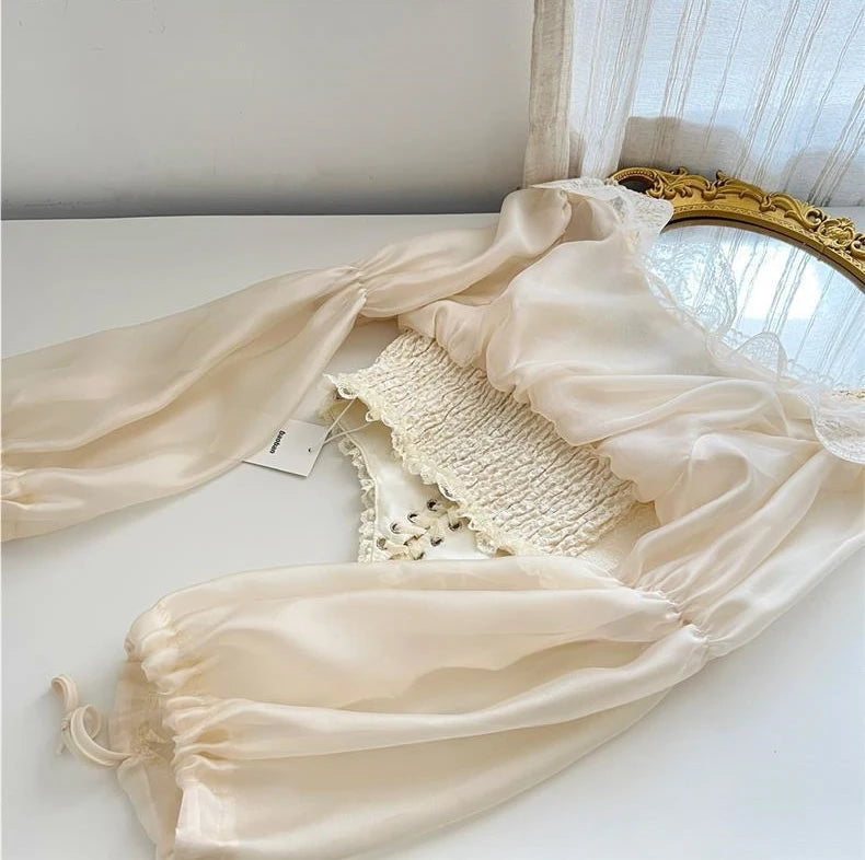 Lace Satin Long Puff Sleeve Blouse