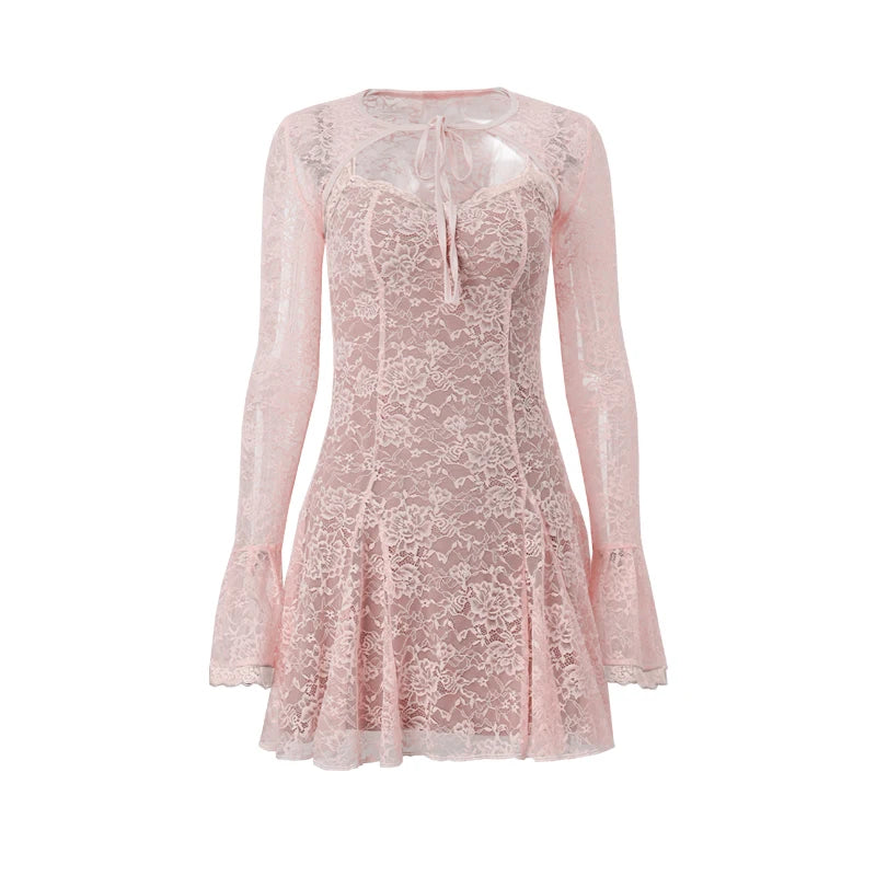 Pink Lace Flare Long Sleeve Mini Dress