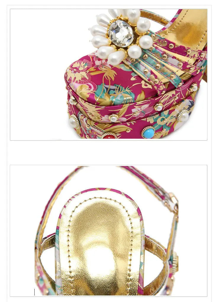 Pearl Rhinestone Floral Platform Heels