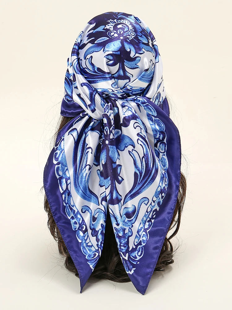 Blue And White Porcelain Satin Scarf