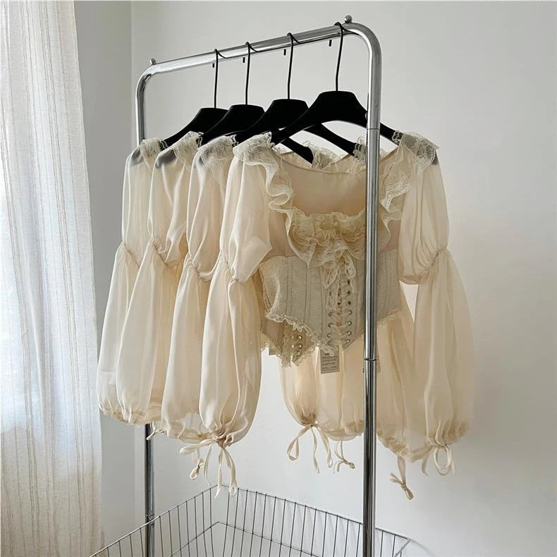 Lace Satin Long Puff Sleeve Blouse