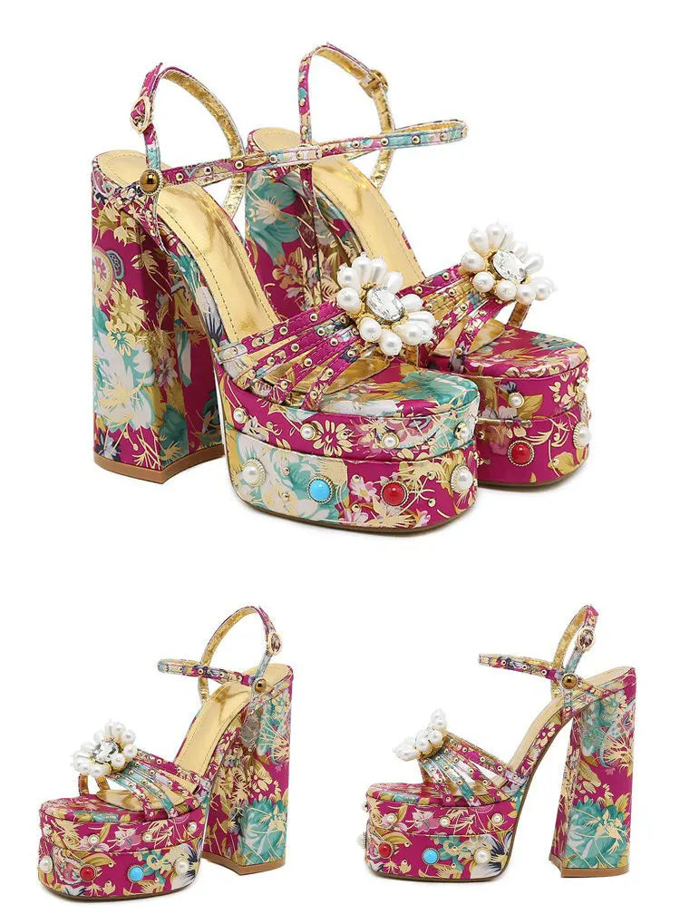 Pearl Rhinestone Floral Platform Heels