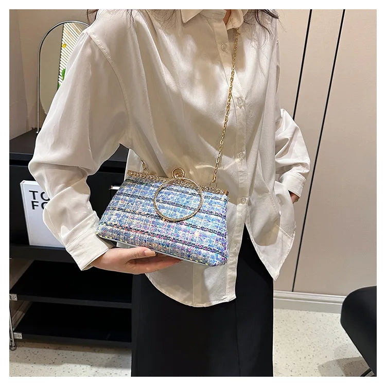 Plaid Tweed Sequins Clutch Purse