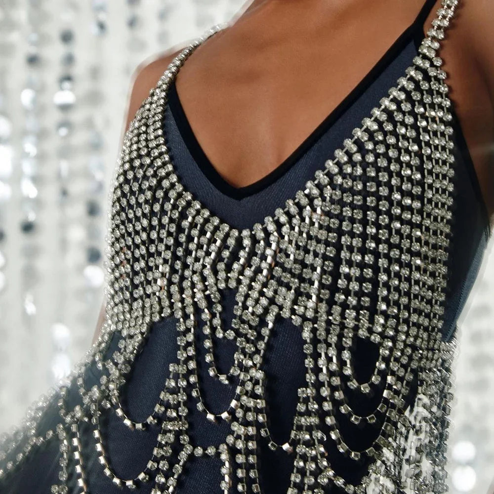 Rhinestone Draped Body Chain Dress