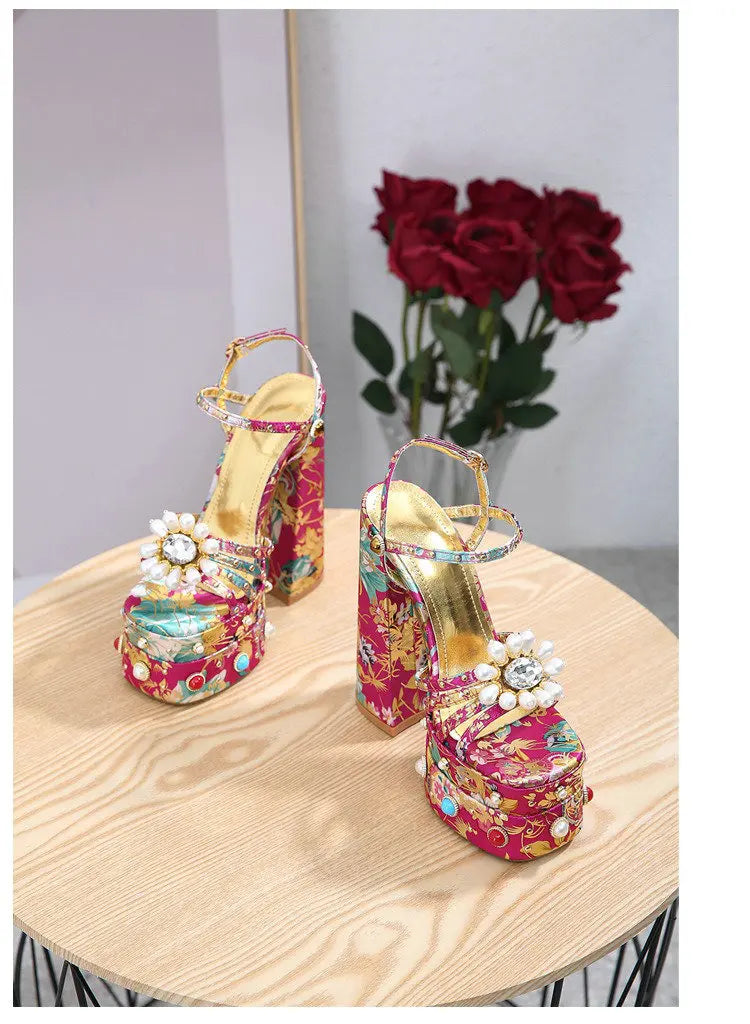Pearl Rhinestone Floral Platform Heels
