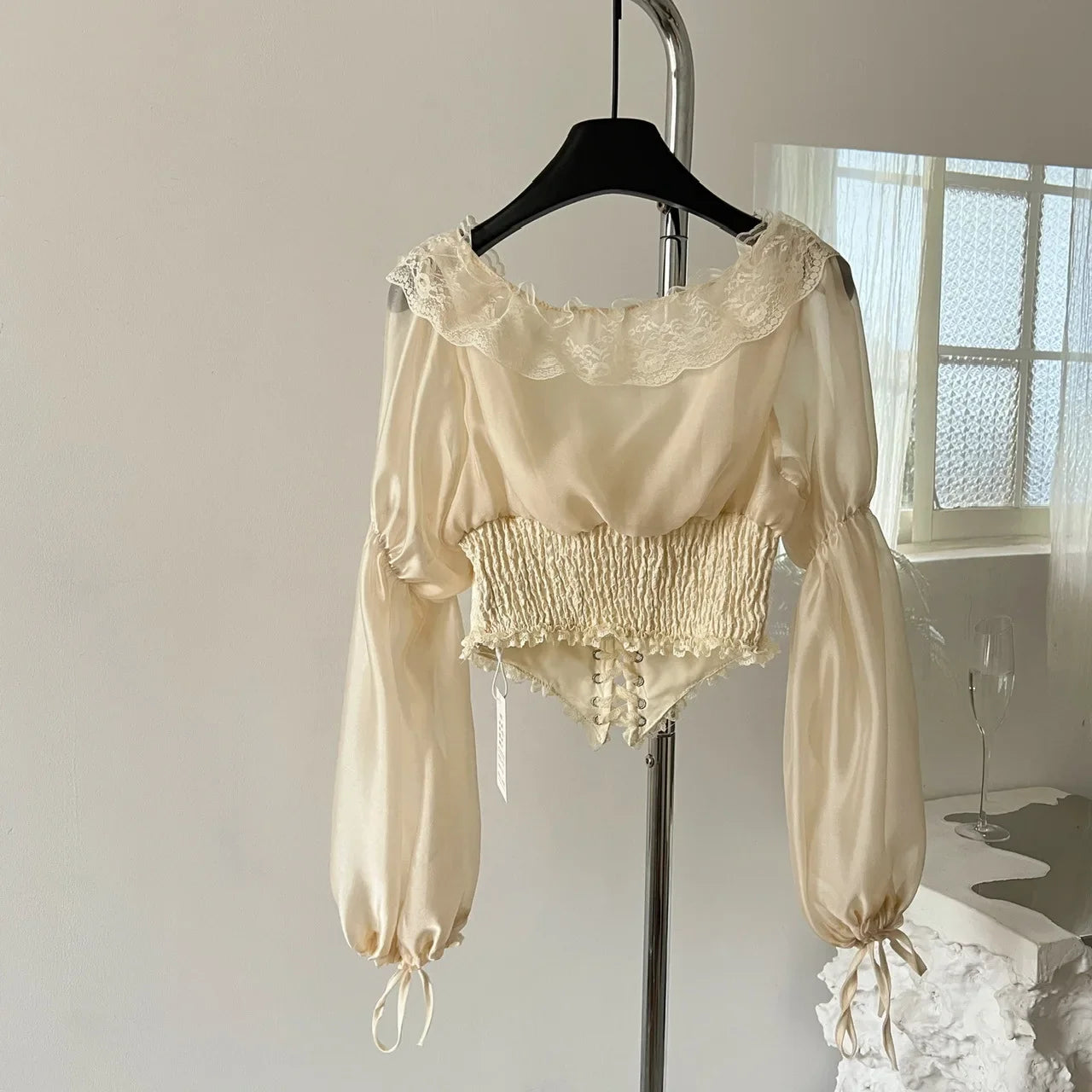 Lace Satin Long Puff Sleeve Blouse
