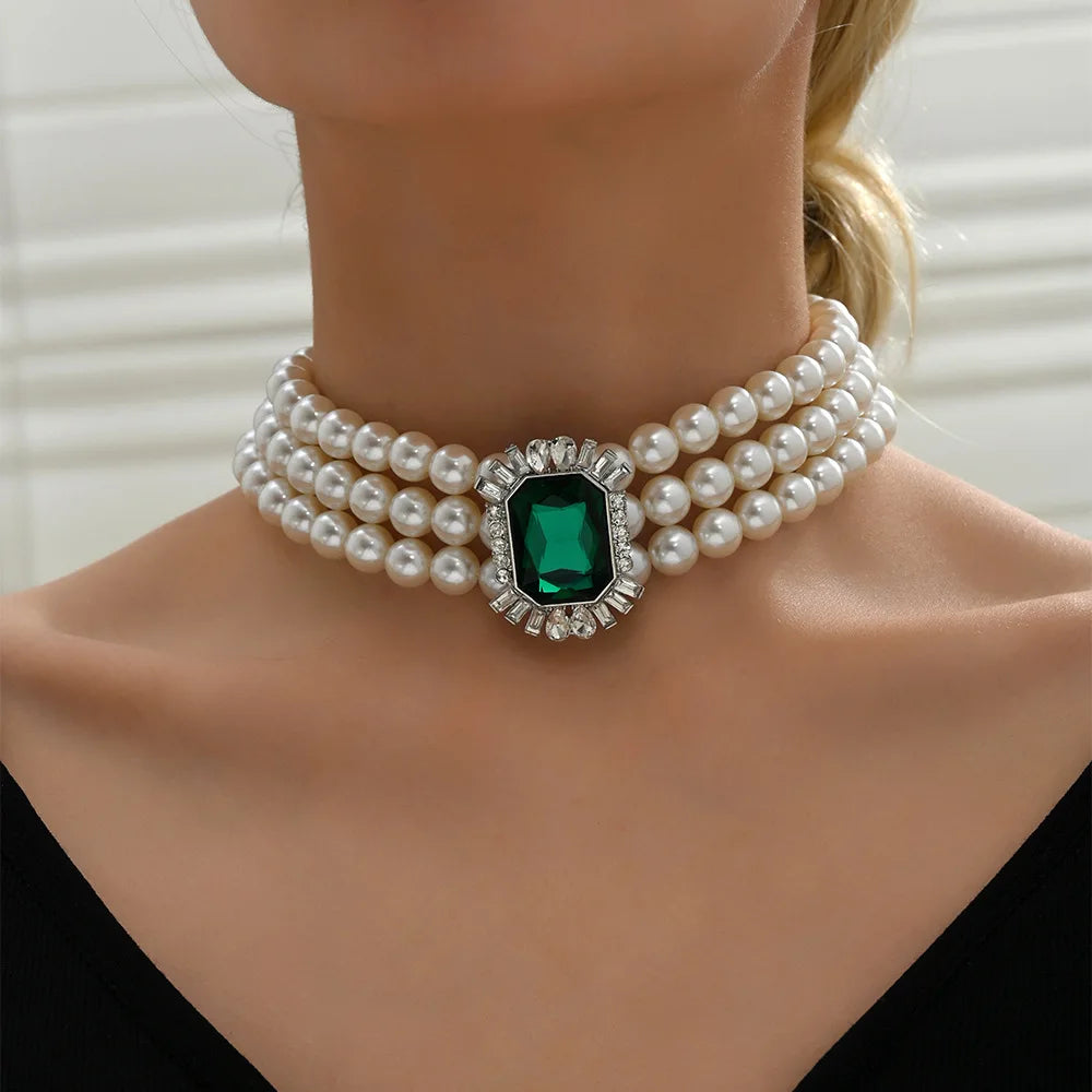 Green Crystal Choker Pearl Necklace