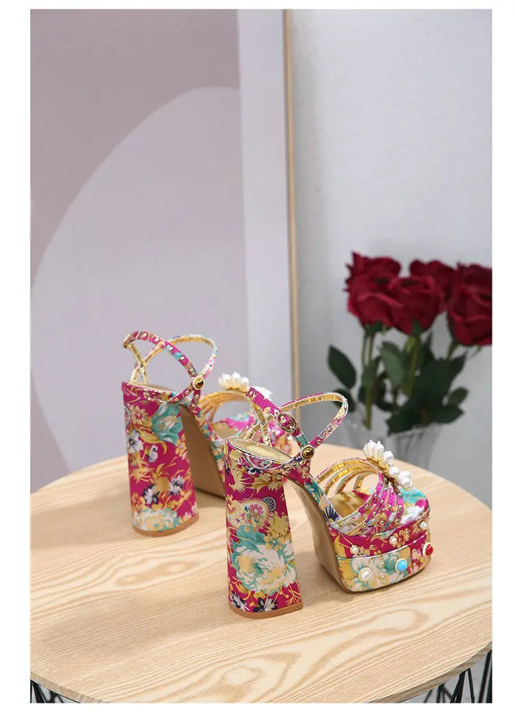 Pearl Rhinestone Floral Platform Heels