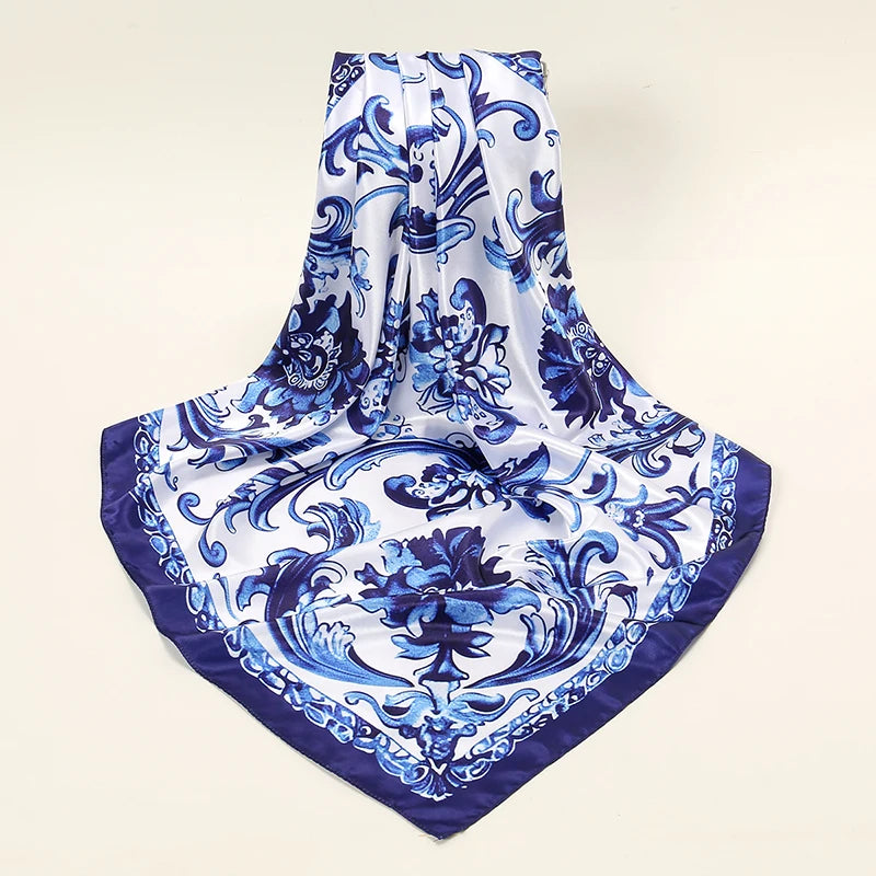 Blue And White Porcelain Satin Scarf
