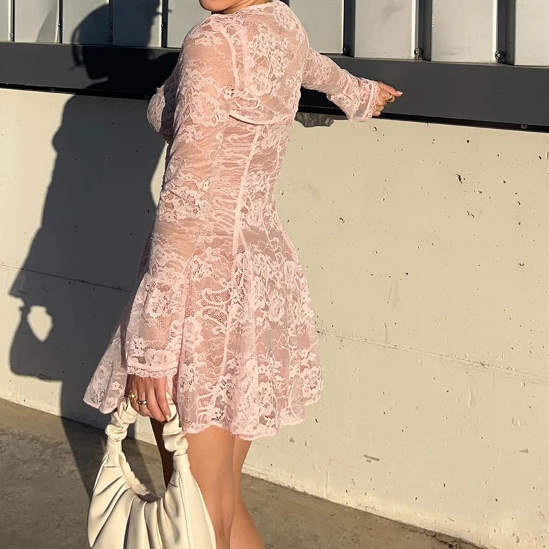 Pink Lace Flare Long Sleeve Mini Dress
