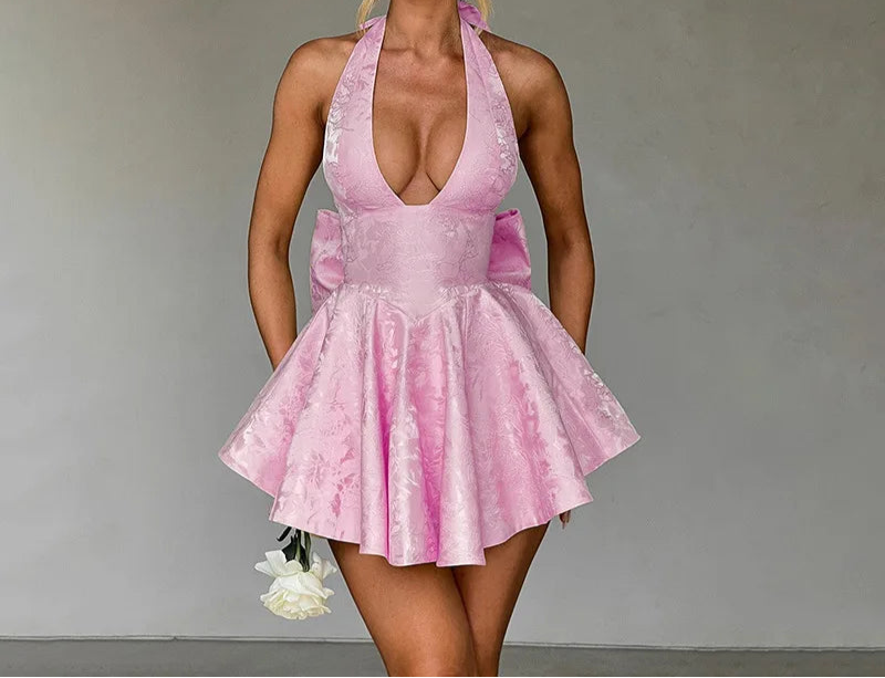 Halter Jacquard Bow Dress