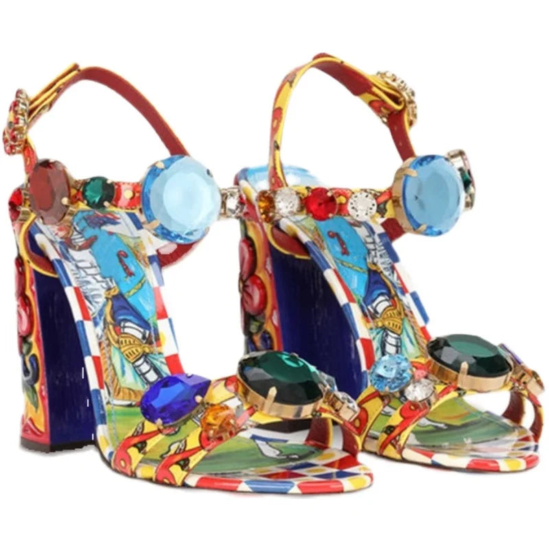 Floral Painting Heel Gem Sandals
