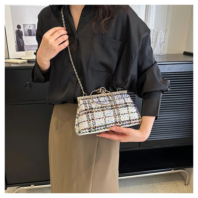 Plaid Tweed Sequins Clutch Purse