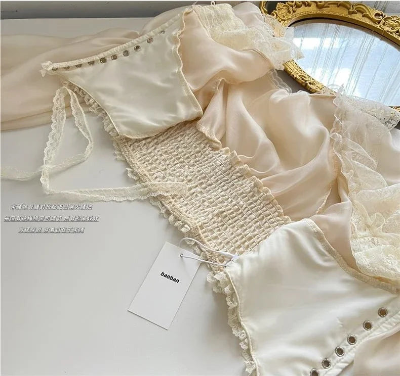 Lace Satin Long Puff Sleeve Blouse
